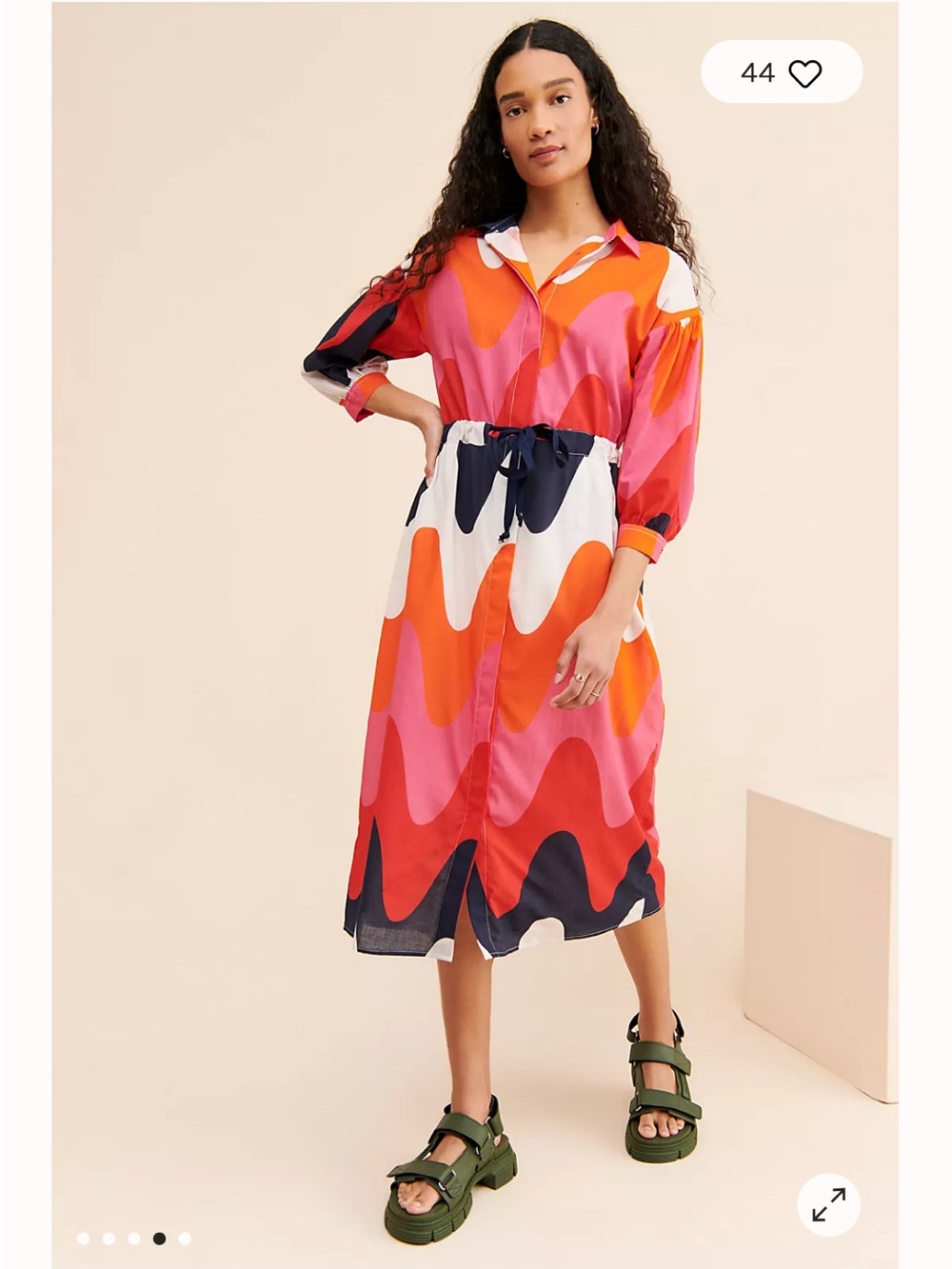 Vilagallo Wavy Print Button-Front Midi Shirt Dress - Pink, Orange, Navy,